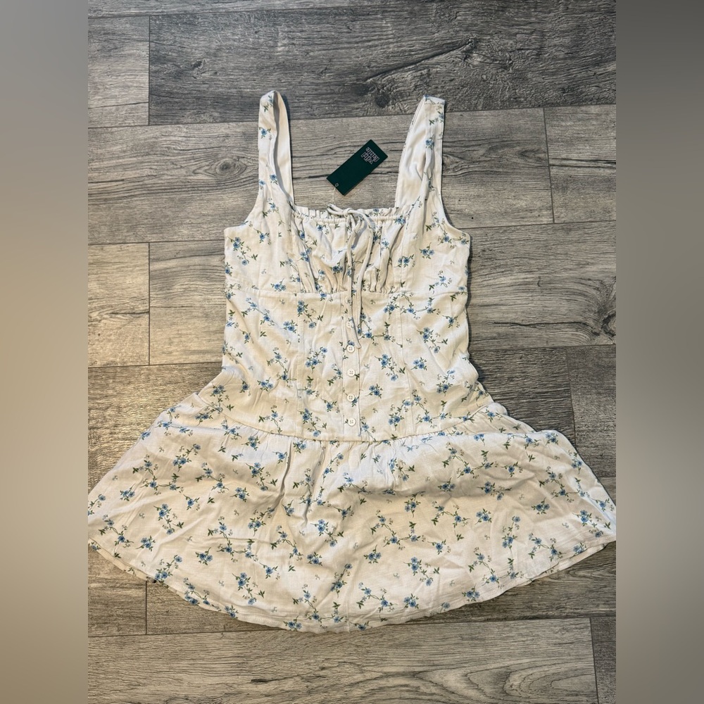 White Floral Button-Front Sundress with Blue Blossoms
